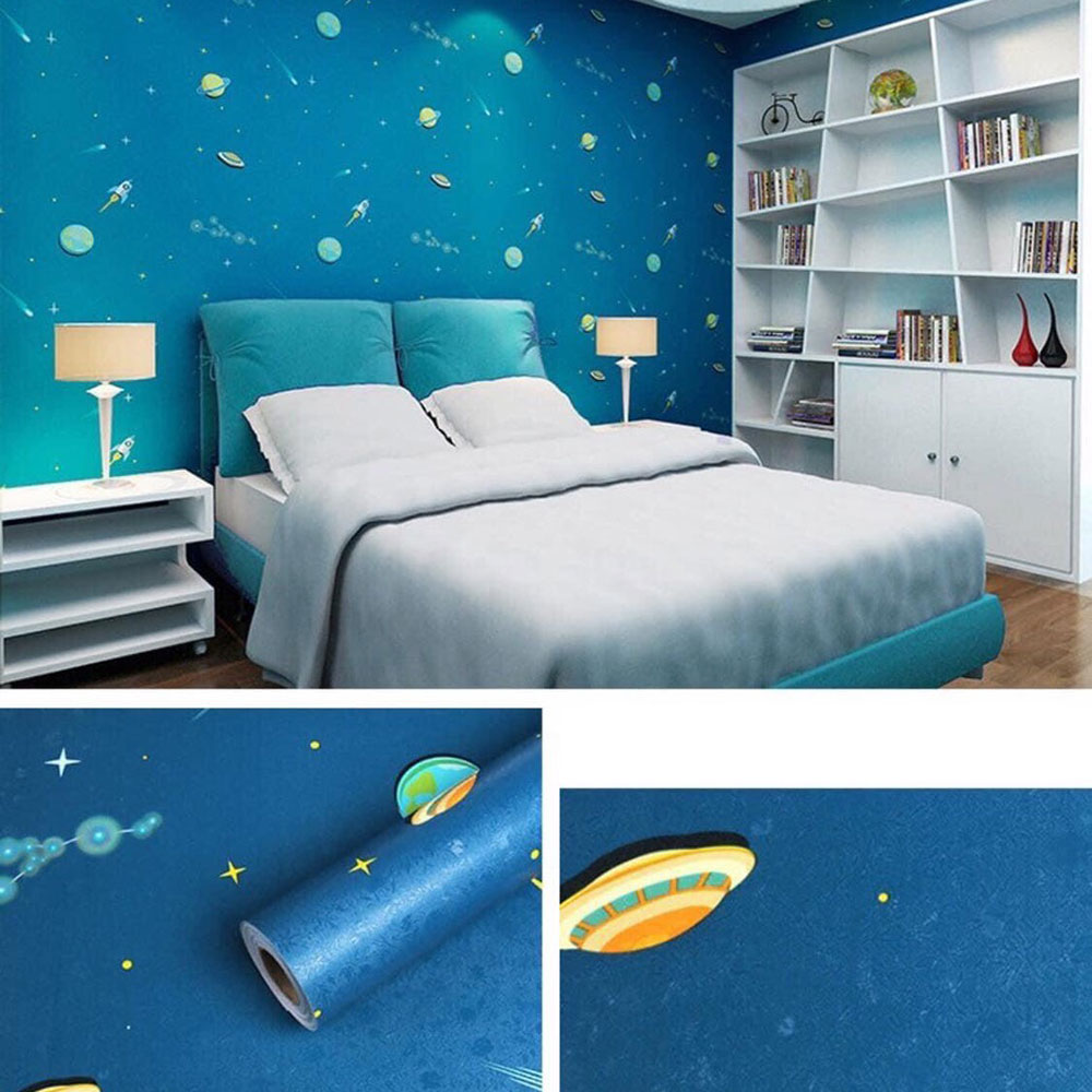 Giấy dán tường hoạt hình vũ trụ xanh dài 10m x 45cm ⋆ LINH HOME DECOR